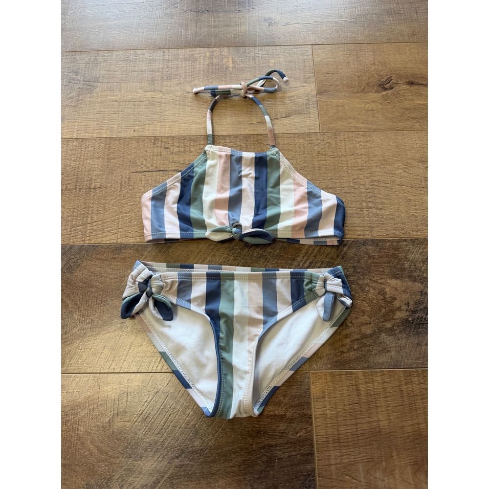 Raisin Girls Size 8 Two Piece Swimsuit Blue Pink Striped Halter Bikini E740236